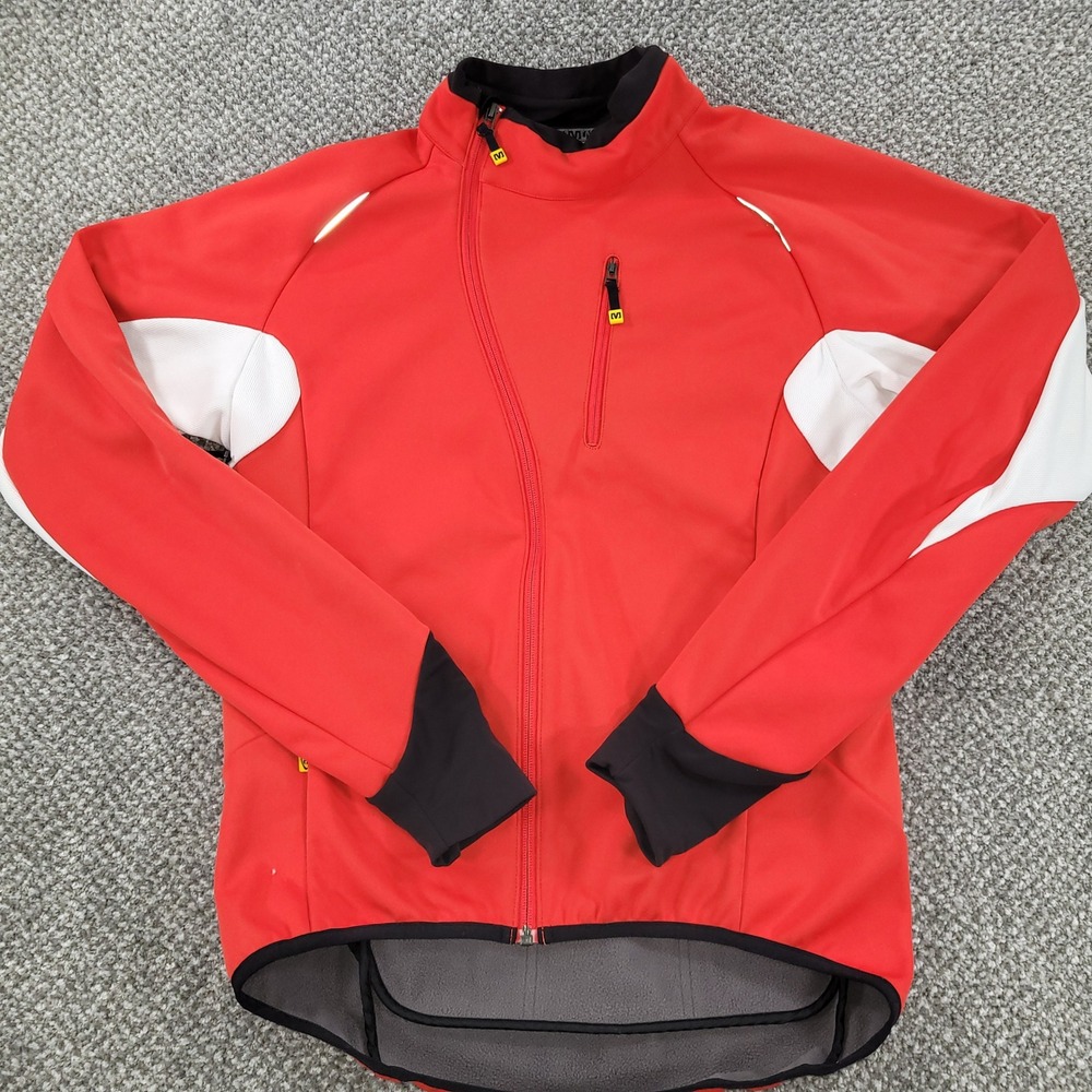 Mavic Red White Cycling Jacket Mens Medium Fleece Lined Asymmetrical Zip Coat